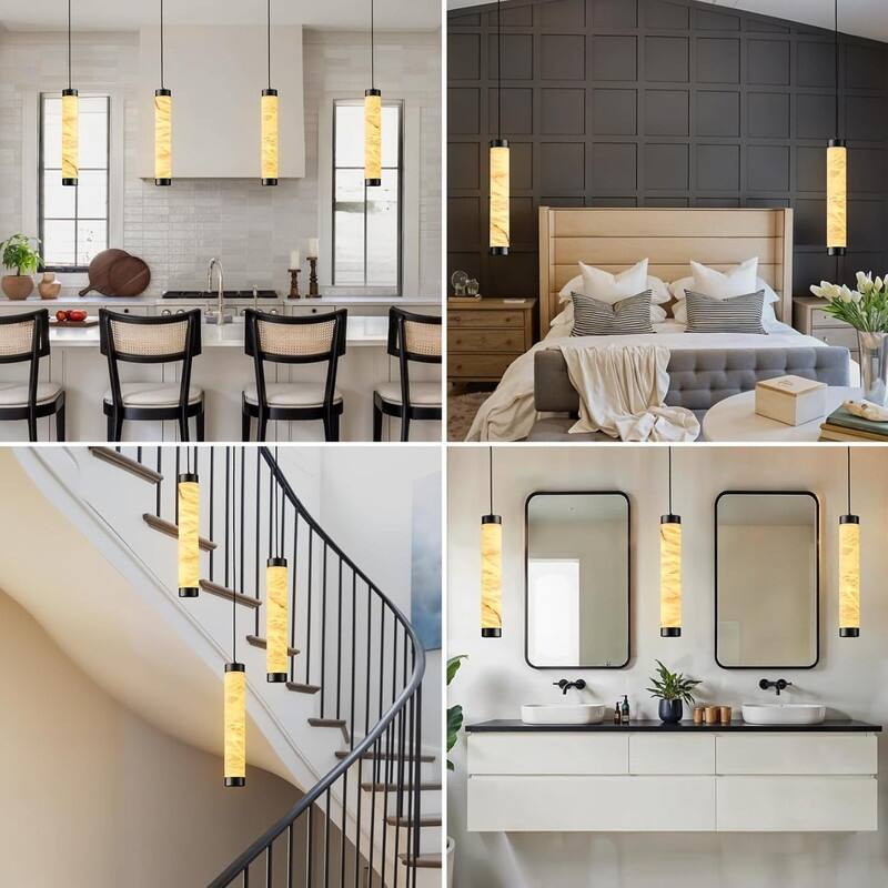 KAYLA Natural Alabaster Pendant Light - Brass Cylinder Marble Long Hanging Light - 19in