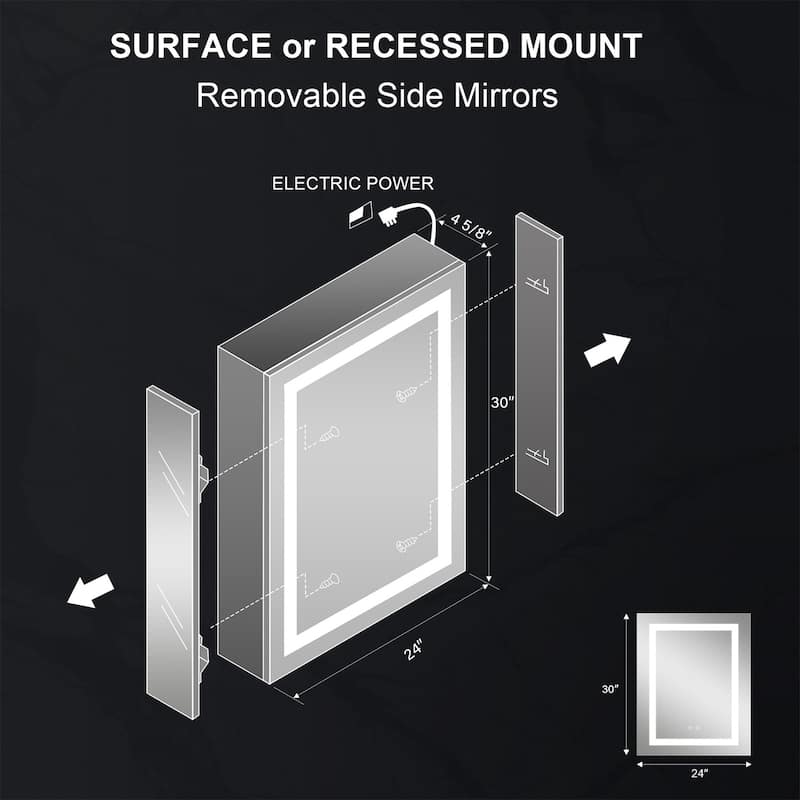 30" H Recessed or Surface LED Mirror Cabinet with Adjustable Glass Shelves,Defogger, Dimmer And Outlets & USB Ports