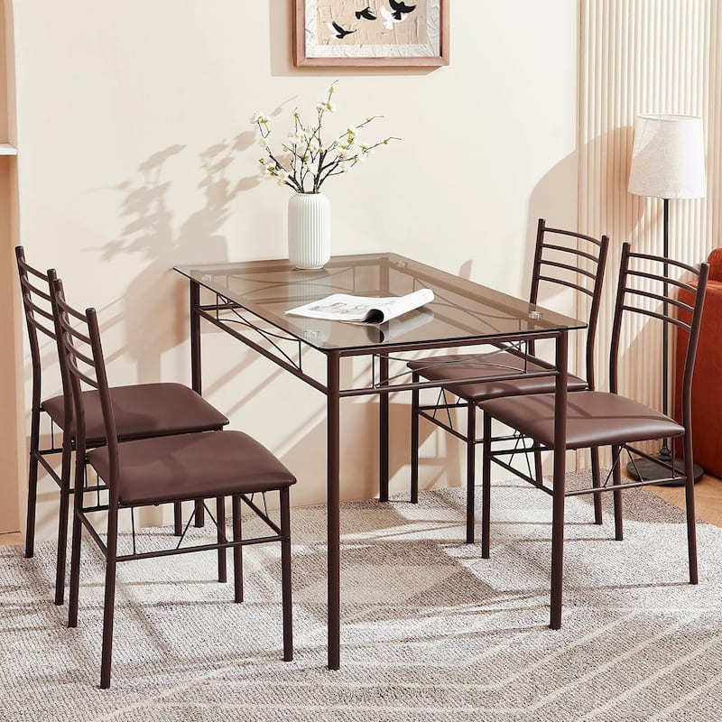 5-pieces Modern Dining Sets,Tempered Glass Table Top and 4 PU Chairs