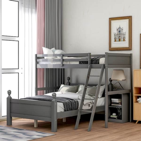 slide 2 of 9, Contemporary Twin over Full Loft Bed with Cabinet - Sleek Bunk Bed Includes Hardware Grey - Full