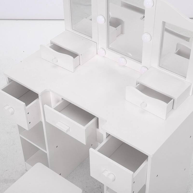 Kids Vanity Table, Girls Vanity with Tri-Folding Mirror