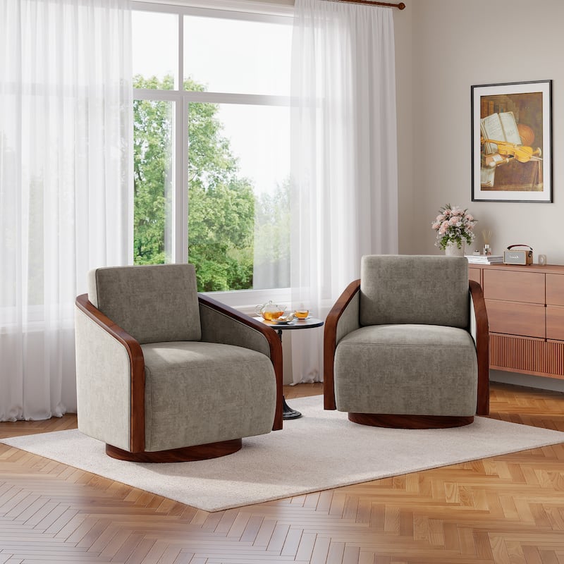 Set of 2 Modern 360° Swivel Accent Barrel Chairs with Wood Arms