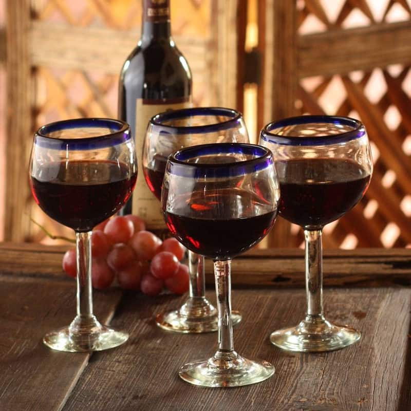 NOVICA Artisan Handblown Recycled Wine Glasses Blue Clear Mexican Cocktail Drinkware 'Sapphire Globe'(Set of 4)