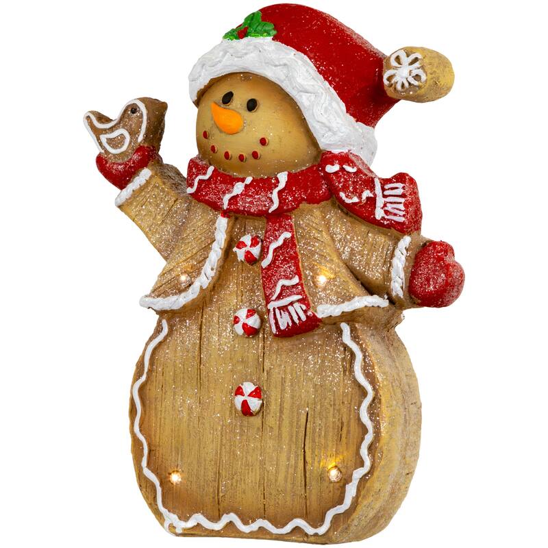 LED Lighted Gingerbread Snowman with Bird Christmas Figure - 15"