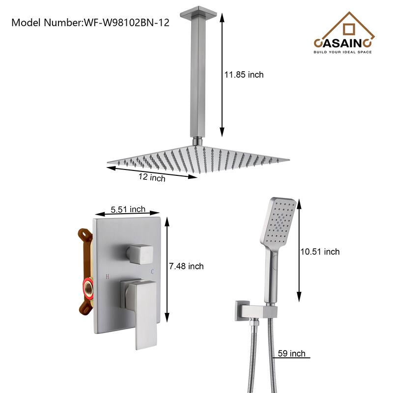 3-Spray 12 in. Ceiling Mount Dual Shower Heads 2.5 GPM Fixed and Handheld Shower Head - 12 inch