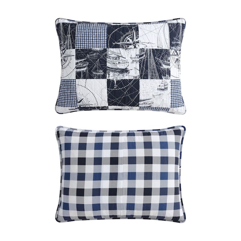 Nautica Sailors Patchwork Blue Cotton Reversible Quilt Set