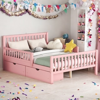 Wooden Full Size Platform Bed with 2-Drawers and Guardrails, Pink