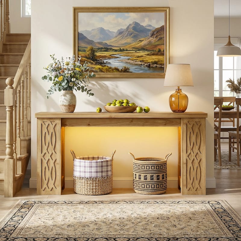 63" Farmhouse Console Table with RGB LED Lights ＆ Power Outlets, Unique Carved Design Entryway Table, Wooden Sofa Table