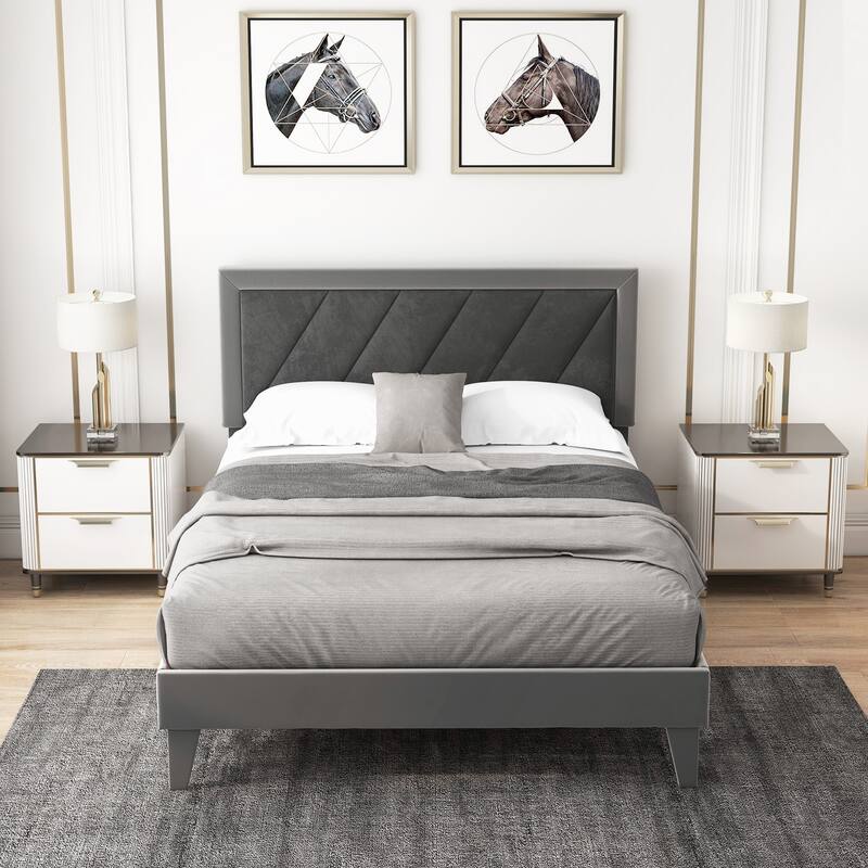 Twin/Full/Queen Platform Bed with High Headboard and Wooden Slats