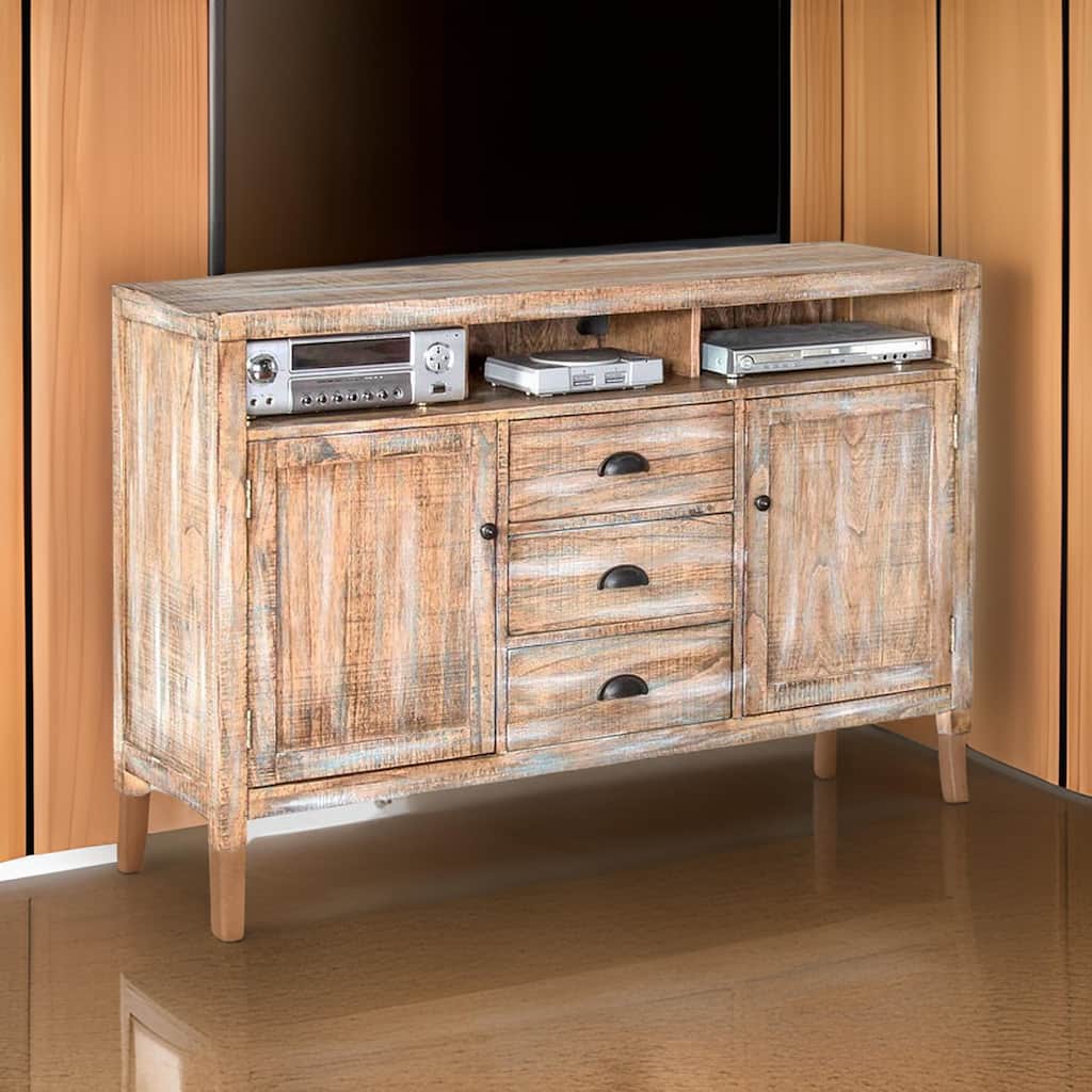 Rany TV Console, 60Wx36H Light Brown Mahogany, 5 Shelves, 3 Drawers