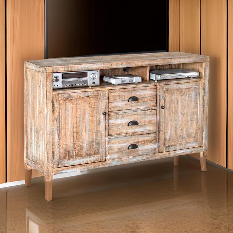 Rany TV Console, 60Wx36H Light Brown Mahogany, 5 Shelves, 3 Drawers