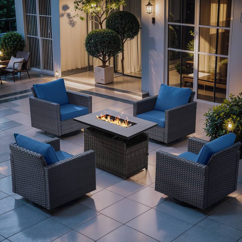 Outdoor Grey Wicker Fire Pit Table with 4 Swivel Chairs - Blue Cushion - 4PCS Brown Wicker Chairs w/ Grey Wicker Fire Table