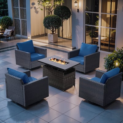 Outdoor Grey Wicker Fire Pit Table with 4 Swivel Chairs - 4PCS Brown Wicker Chairs w/ Grey Wicker Fire Table