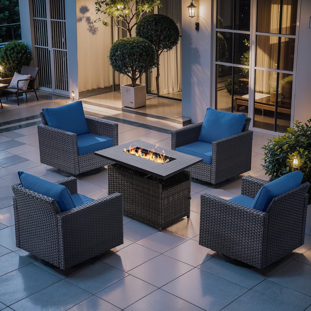 Outdoor Grey Wicker Fire Pit Table with 4 Swivel Chairs - 4PCS Brown Wicker Chairs w/ Grey Wicker Fire Table