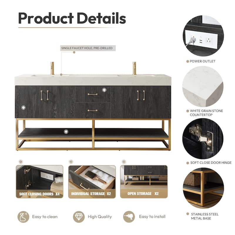 Alistair Bath Vanity with Grain White Stone Top without Mirror