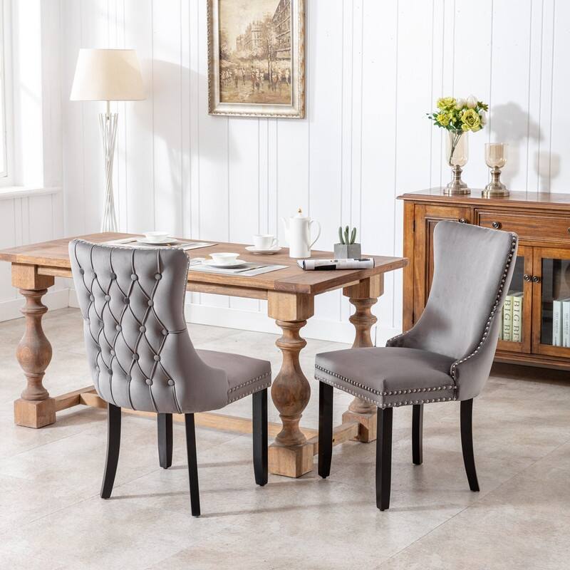 Modern Velvet Upholstered Wing-Back Dining Chair with Nailhead Trim/Solid Wood Legs-Set of 2-Grey
