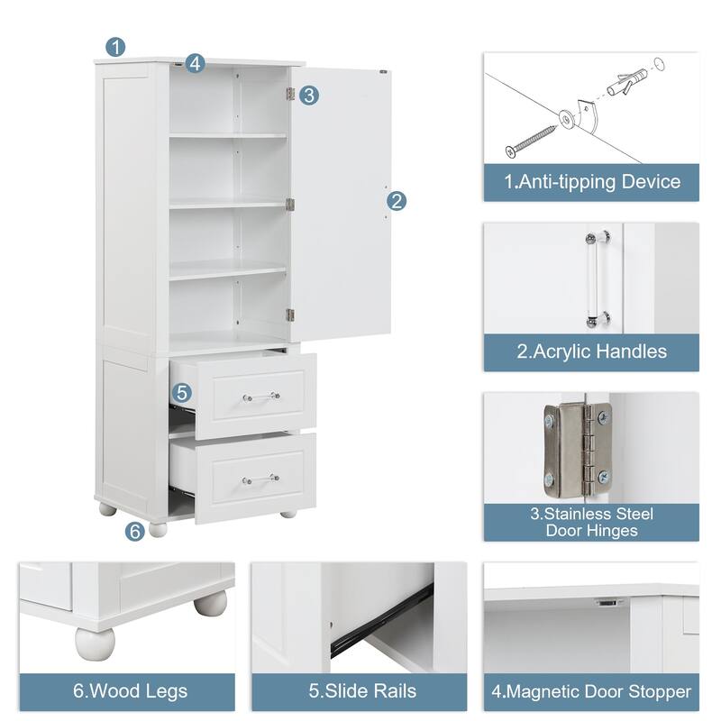 61" Tall Wood 1-door Bathroom Cabinet with Drawers and Adjustable Shelves