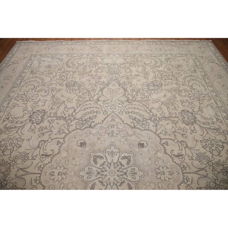 Hand Knotted Oriental 100% Wool Carpet Traditional Floral Beige & Ivories Tabriz Area Rug - 13' 2'' X 9' 10''