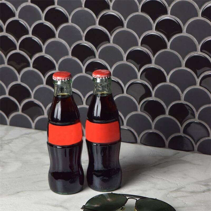 Merola Tile Expressions Scallop Black 11-1/4" x 12" Glass Floor and Wall Tile