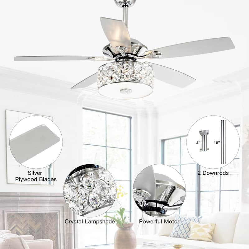 52" Indoor Chrome Crystal Chandelier Ceiling Fan with Light and Remote Control - 52 in. W X 52 in. D X 19.3 in. H