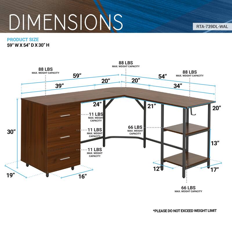 L-Shape Home Office Two Tone Desk with Storage, Walnut