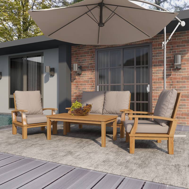 Teak Wood Arm Chair and Loveseat Outdoor Seating Set with Cushions and Coffee Table - Set of 4 Brown - Roche River Decor