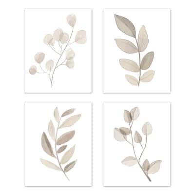 Floral Leaf Wall Decor Art Prints (Set of 4) - Ivory Cream Beige Taupe Neutral Boho Watercolor Botanical Woodland Single Flower