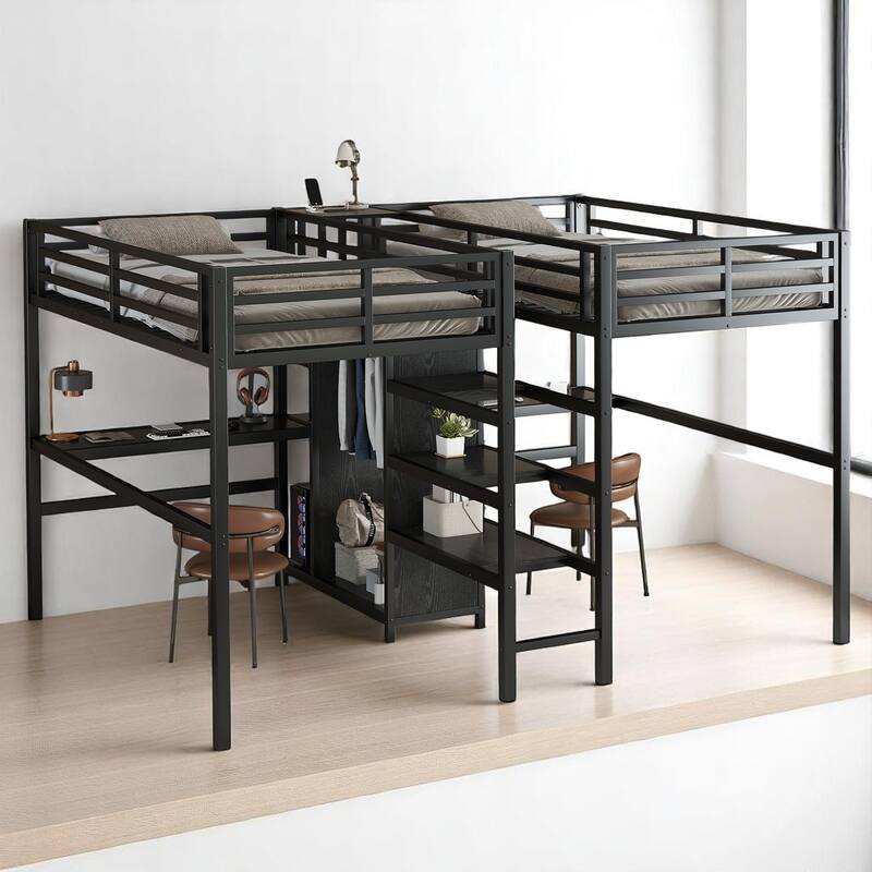 Twin Over Twin Metal Loft Bed with Dual Desks, Wardrobe, Charging Ports & Storage Shelves, Space-Saving Design for Kids & Teens