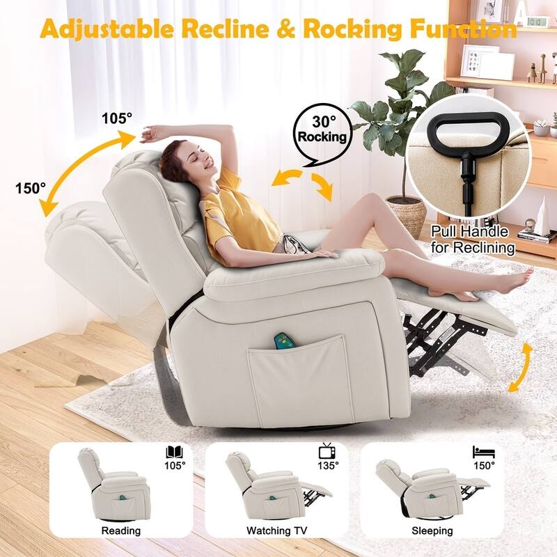 Heated 360° Swivel Massage Recliner Chair - Luxury PU Leather Reclining Sofa with Side Pocket for Living Room