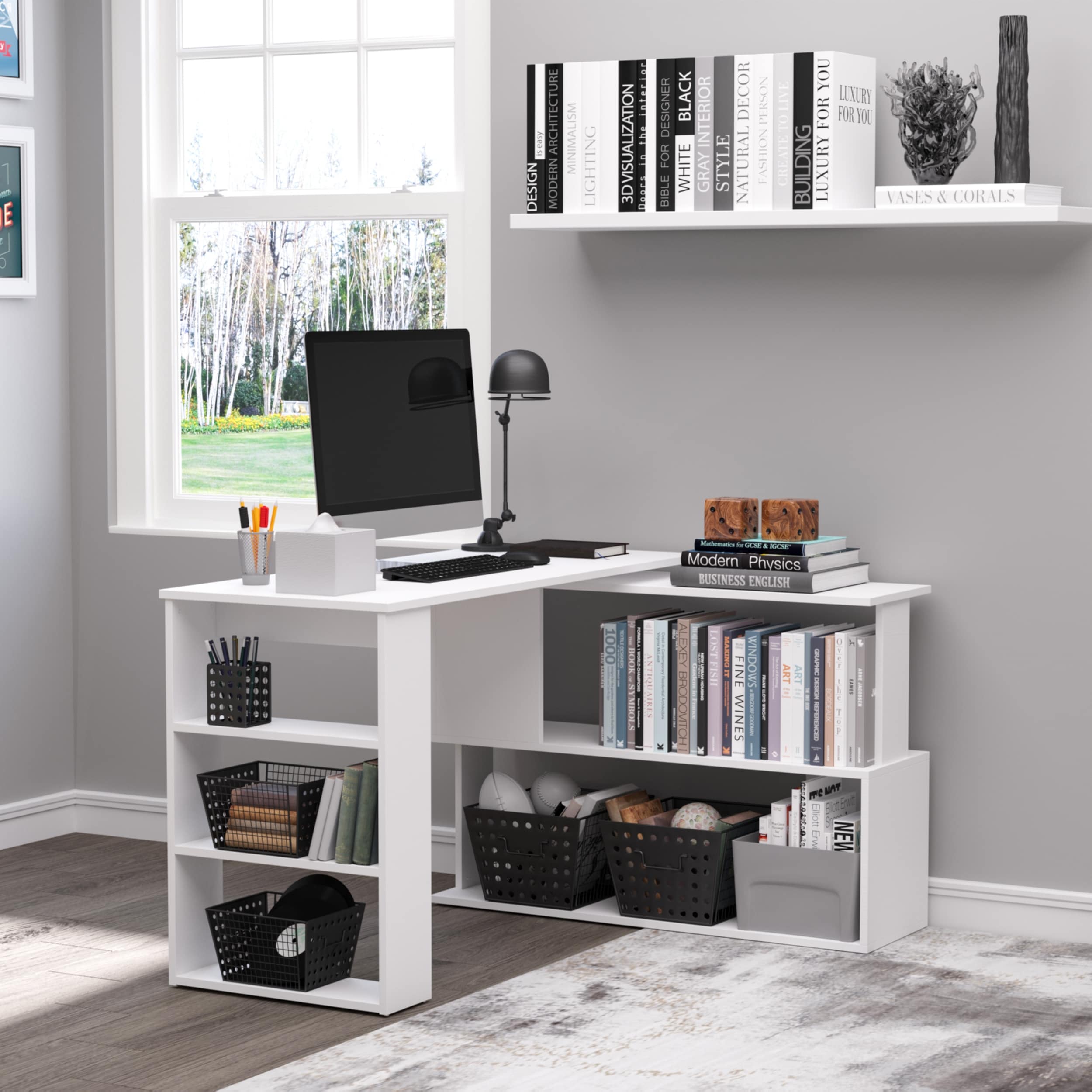 Folding Computer Desk with Storage Shelves, 360 Rotating L-Shape Corner Desk for Home Office Small Space - White