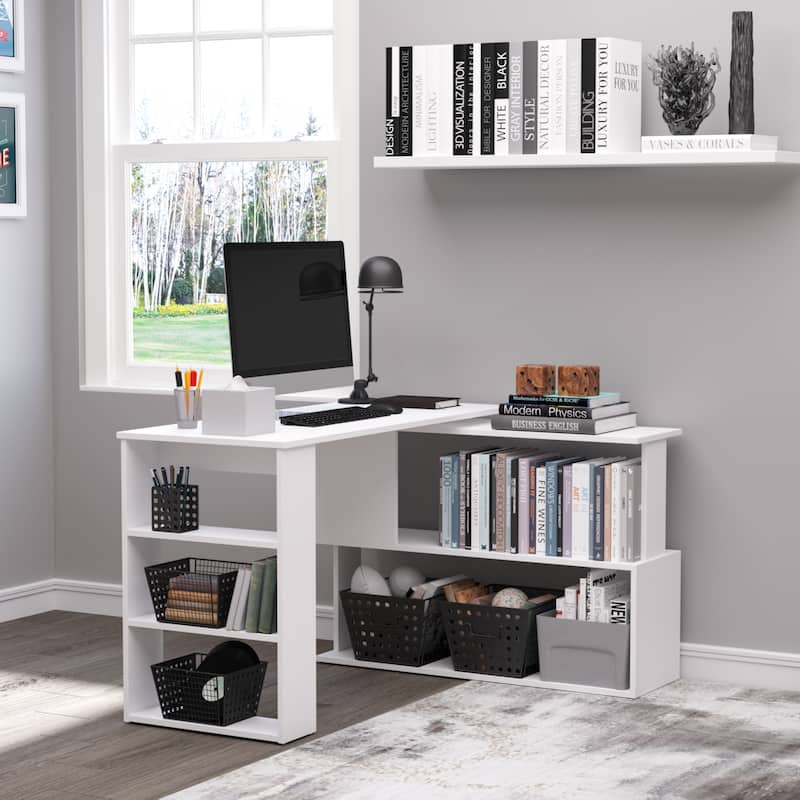 HOMCOM 360° Rotating L-Shaped Corner Desk: White, with Storage Shelves