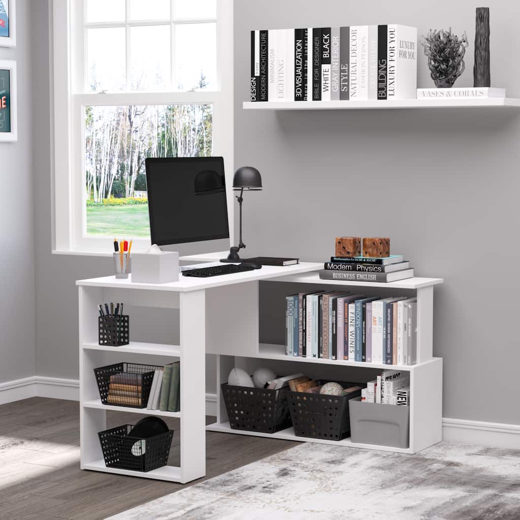 HOMCOM 360° Rotating L-Shaped Corner Desk: White, with Storage Shelves