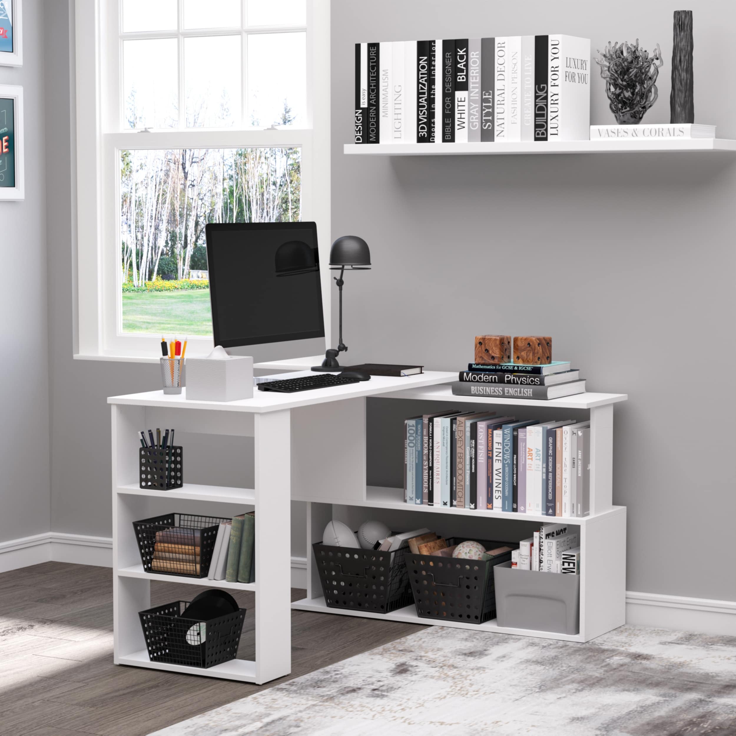 HOMCOM 360 Rotating L Shaped Corner Desk White with Storage