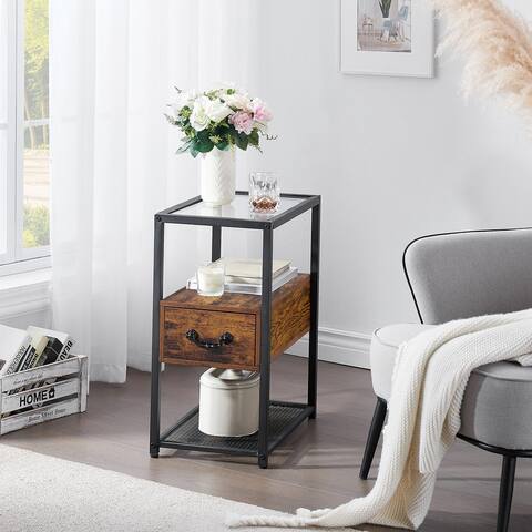 VECELO 1-Drawer Modern Narrow End Table with Glass Top