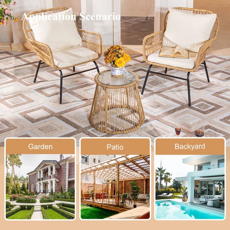 3-Piece Boho Outdoor Patio Furniture Set, Wicker Conversation Bistro Set with 2 Rattan Chairs and Coffee Table