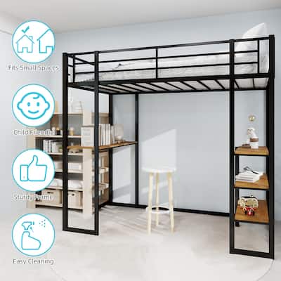 High Iron Bed Frame with Desk, Storage Shelves, Railing and Ladder