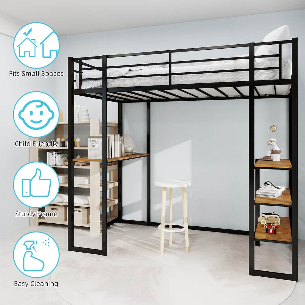High Iron Bed Frame with Desk, Storage Shelves, Railing and Ladder