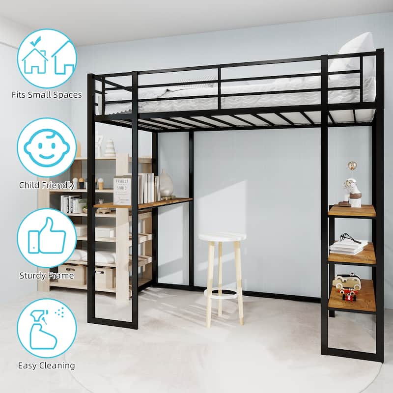 Iron Frame Bed With Bed And Table, Children'S And Youth Home Bed With L-Shaped Desk, Iron Frame Bed With Railing And Stairs