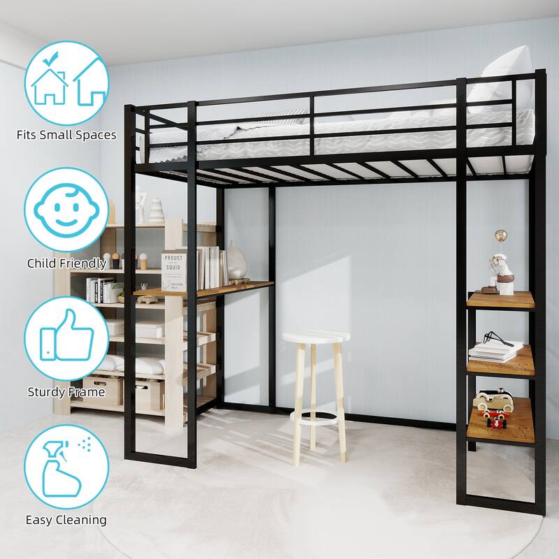 Iron High Loft Bed with Storage Shelves and Desk, Heavy Duty Metal Bed Frame with Safety Guardrail, No Box Spring Needed