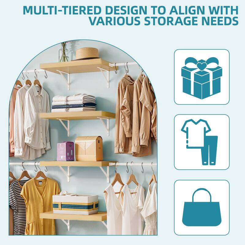 Wall-Mounted Clothing Storage Rack Multi-Functional Closet Organizer System with Adjustable Rods and Shelves