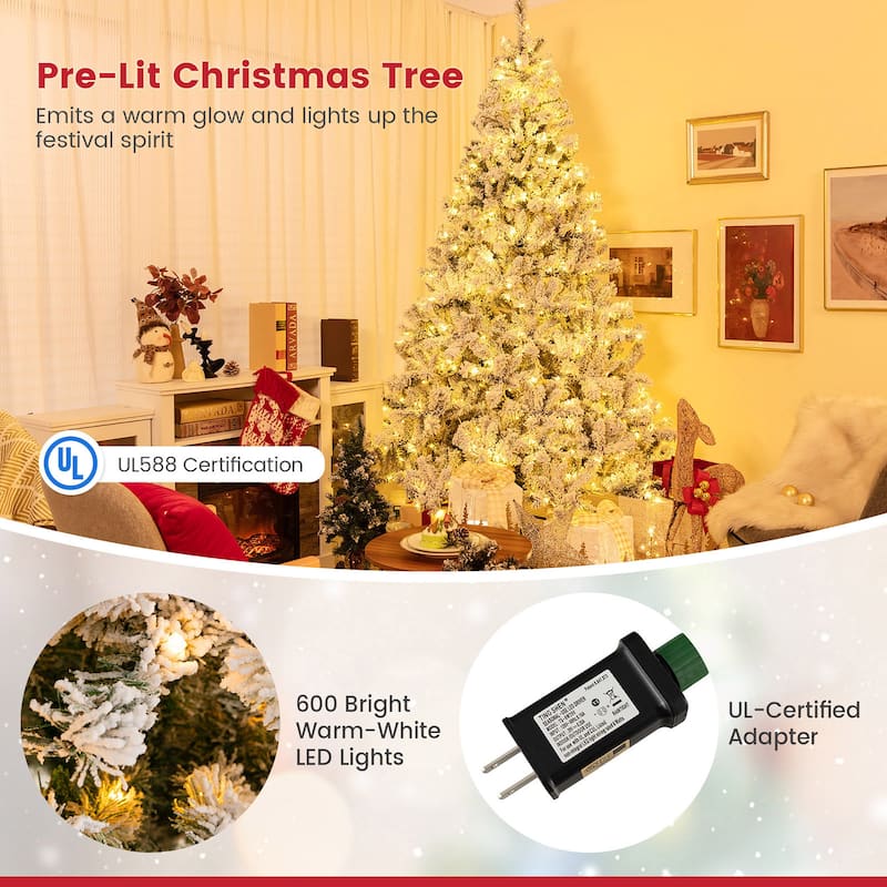 Gymax 6/7/8 FT Pre-Lit Snow-Flocked Xmas Tree 3-Minute-Setup