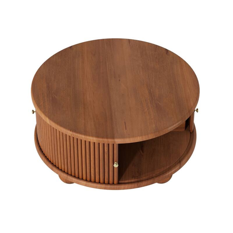 31.8" Round Fluted Coffee Table with Sliding Door & Solid Pine Wood