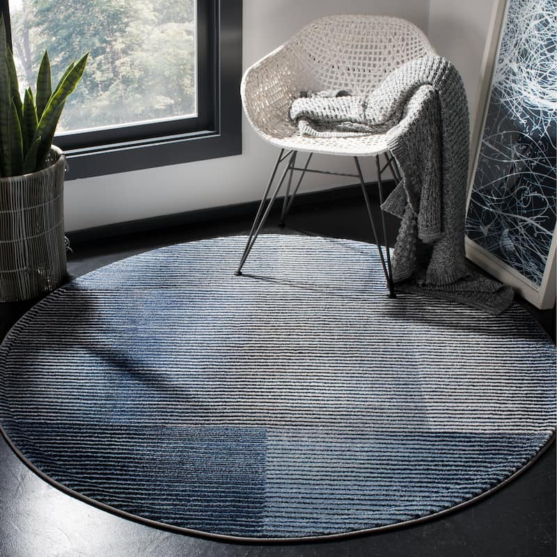 SAFAVIEH Galaxy Sigtraud Mid-Century Modern Geometric Stripe Rug - 6'7" Round - Blue/Navy