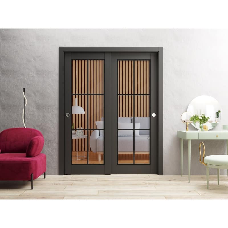 Bypass Doors 36 x 80 Lucia 2366 Matte Black Clear Glass Sturdy Rails