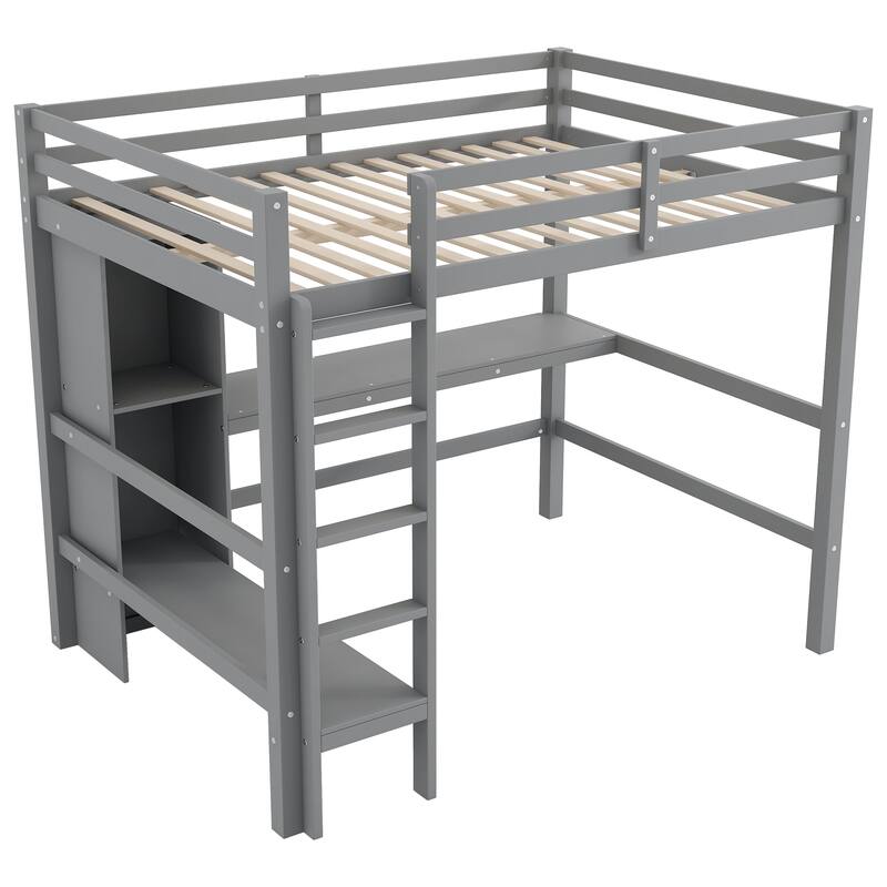 Full Size Loft Bed with Built in Desk, Multifunction Shelves, and Sturdy Frame
