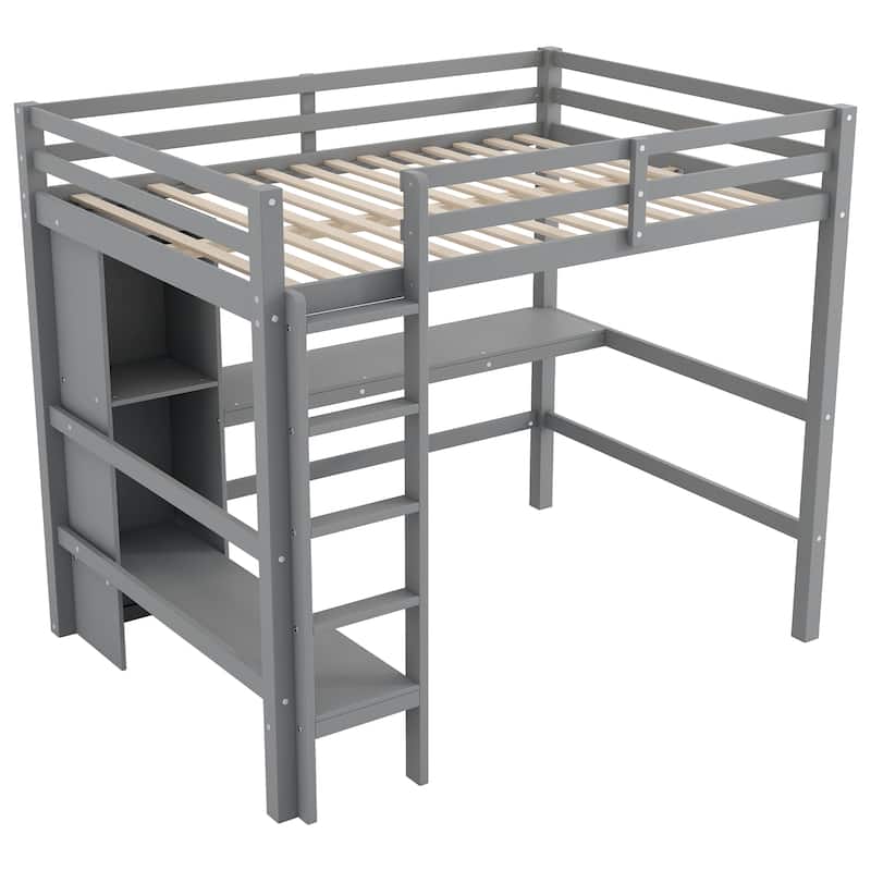 Full Size Loft Bed with Multifunction Shelves and Under-Bed Desk, Gray