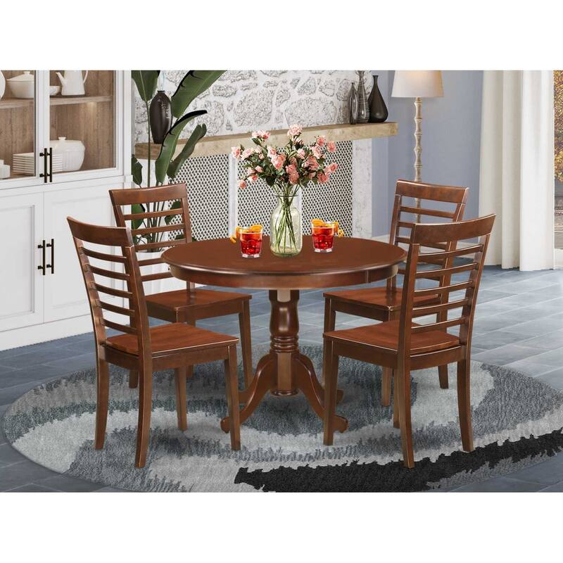 HomeStock 5-Piece Round Mahogany Finish Solid Wood Top Dining table with 4 Chairs with Lattice Back