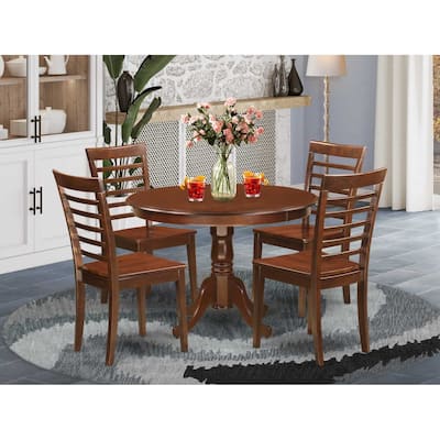 HomeStock 5-Piece Round Mahogany Finish Solid Wood Top Dining table with 4 Chairs with Lattice Back