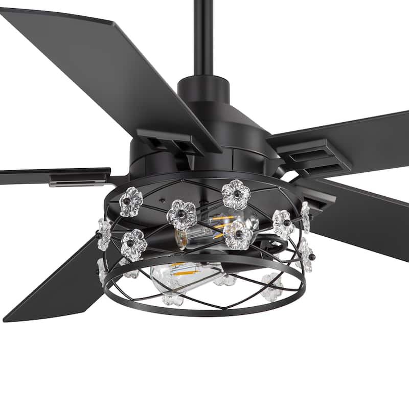 52" Black Wood Modern Floral Indoor Ceiling Fan Chandelier with Remote