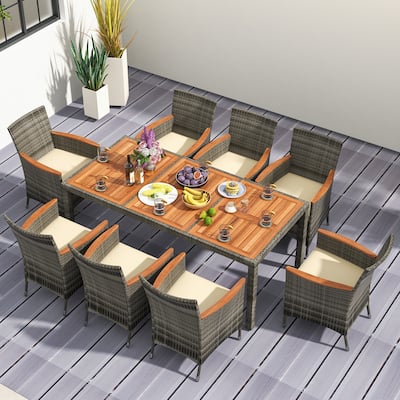 Costway 9 PCS Outdoor Wicker Dining Set with Acacia Wood Table and 8 - See Details